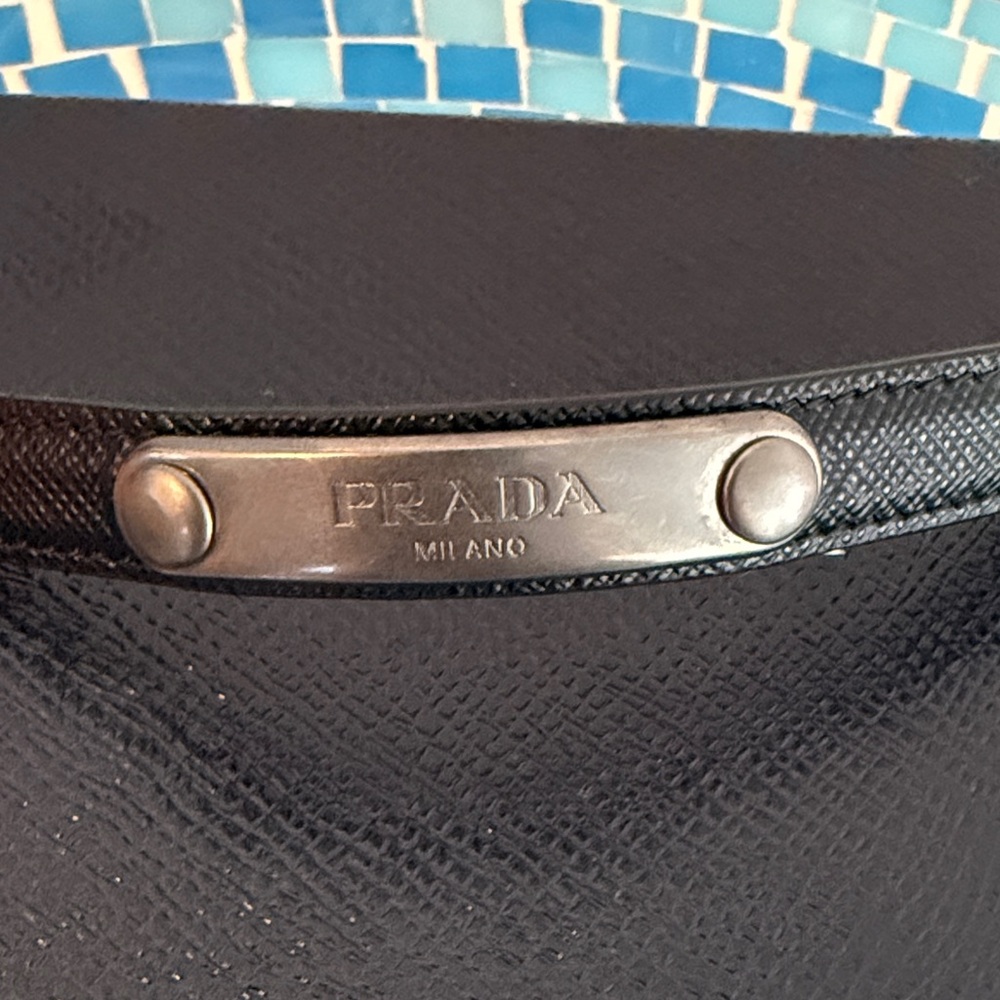 Prada Black Leather Bracelet with Brushed Metal Logo Plate - Picture 2 of 8
